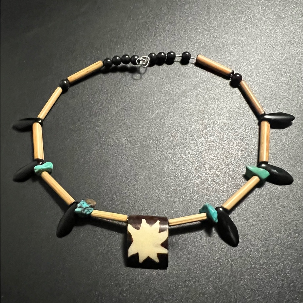 Vintage Native American Memory Wire Choker Necklace Bone Turquoise & Horn Beads